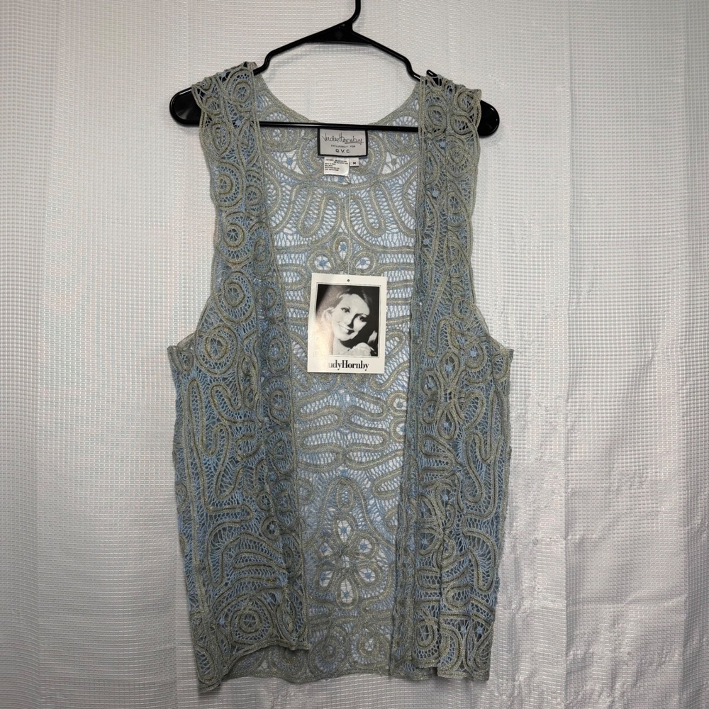 Vicky Hornby Vest Lace Crochet Metallic Open Front Blue Silver Boho Chic M